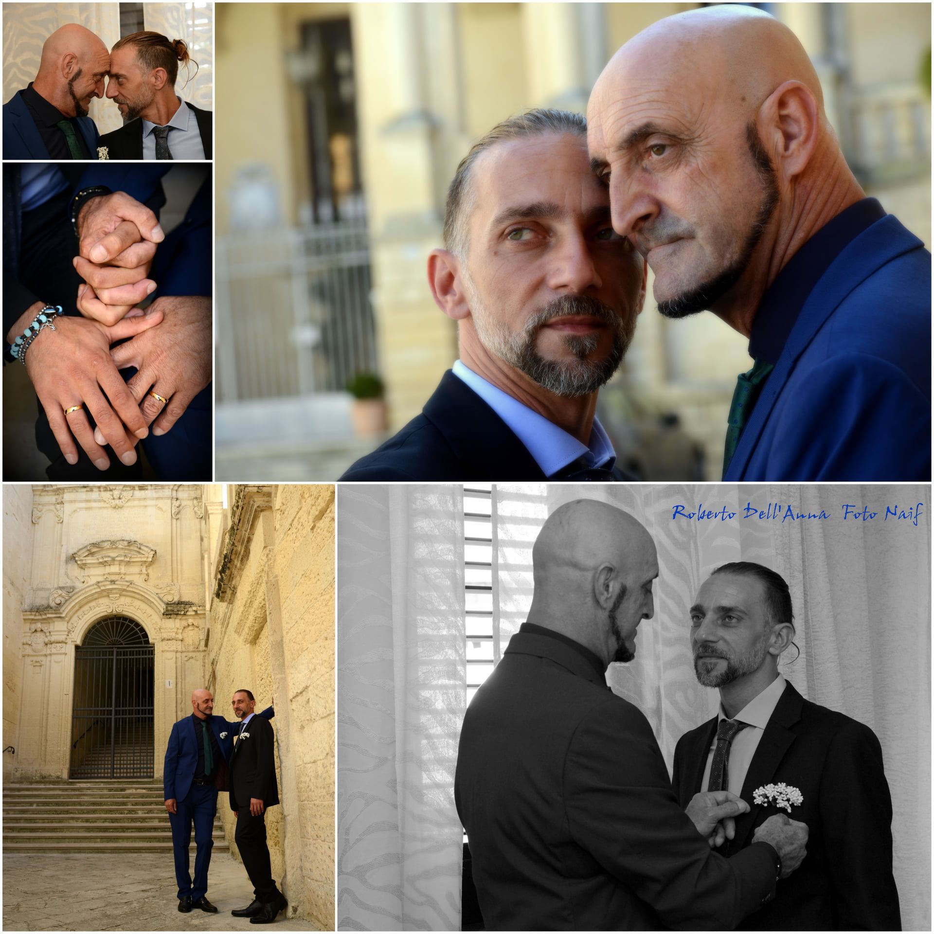 Un collage di foto di due uomini calvi che si tengono per mano