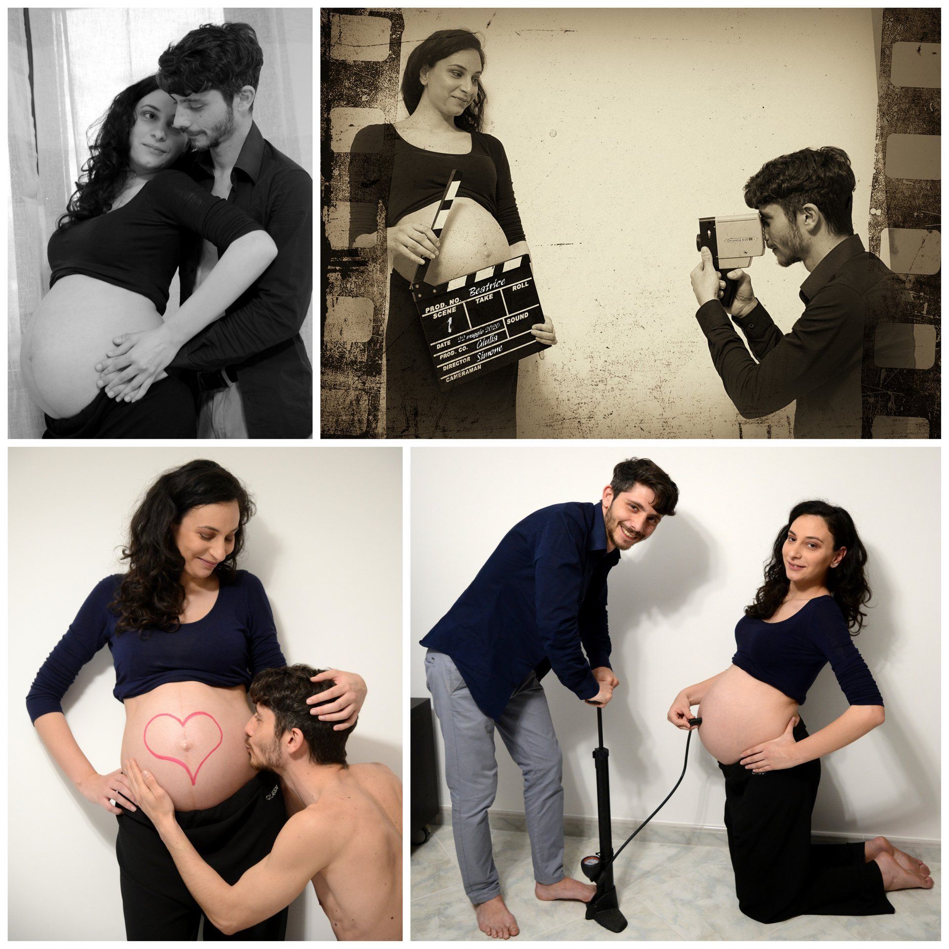 Un collage di foto di una donna incinta e di suo marito