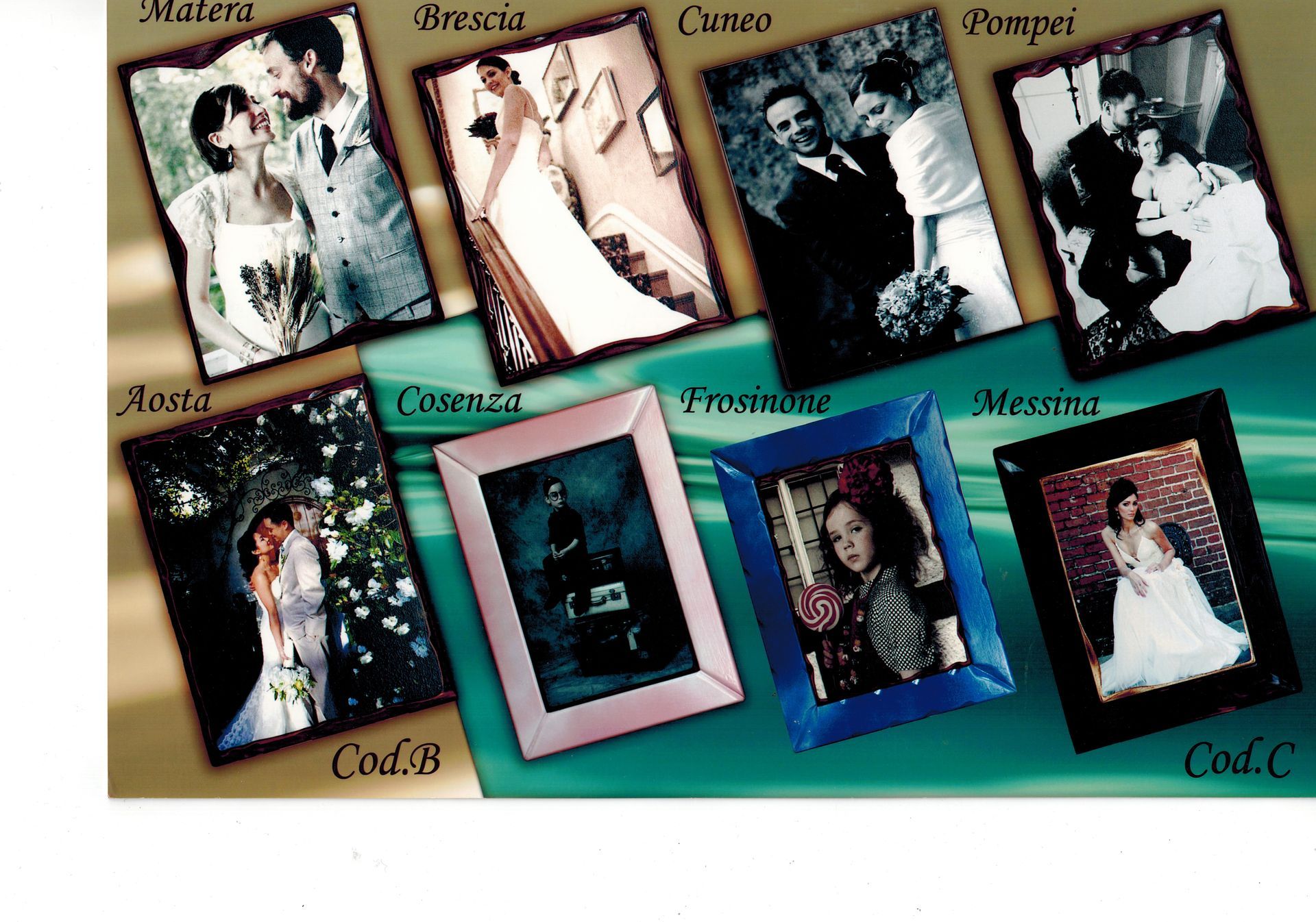 Diverse foto di una sposa e dello sposo sono esposte in cornici