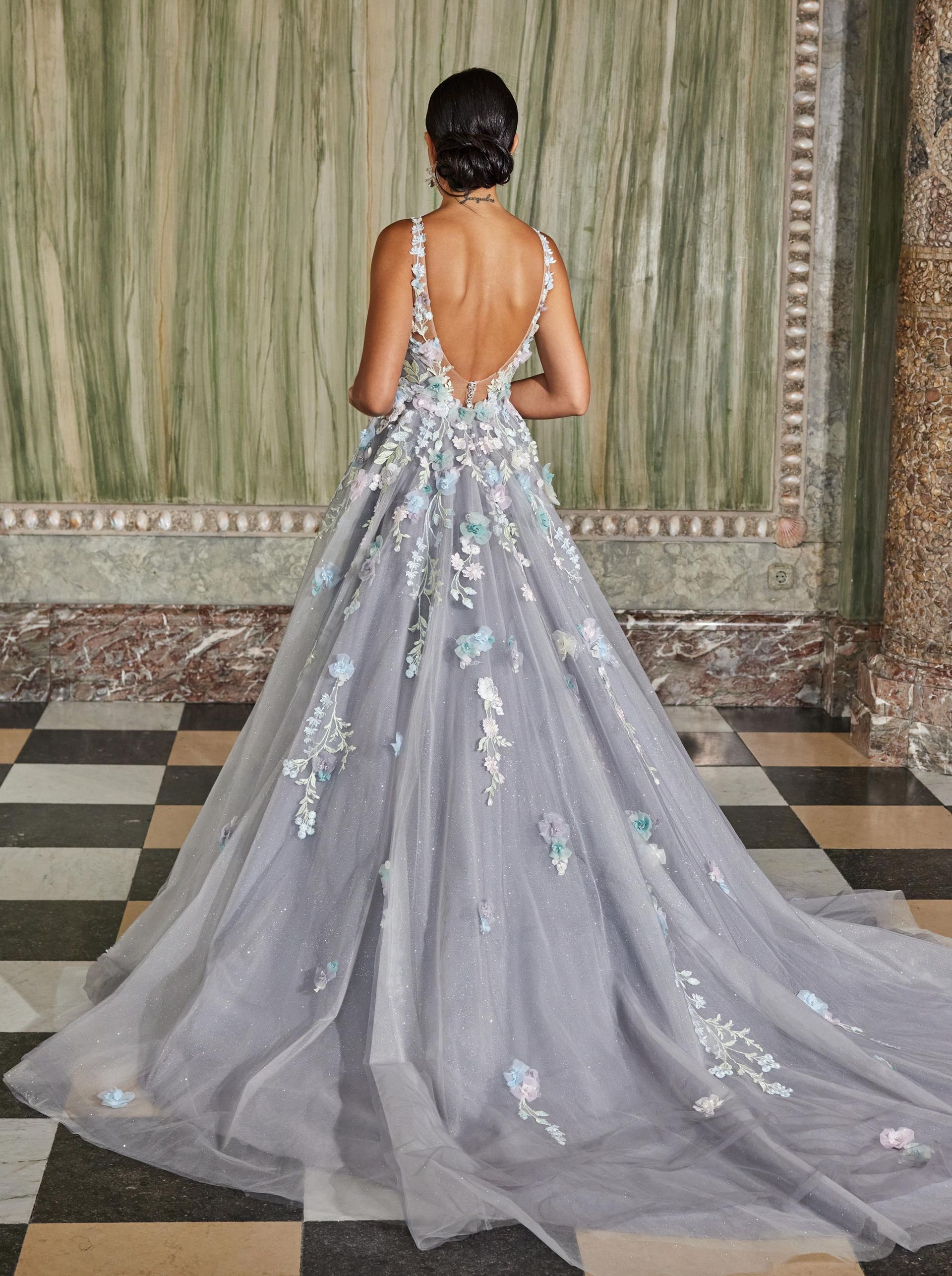 Floral Wedding Dress, Powder Grey Floral Wedding Dress, Diane Le Grand Floral wedding dress