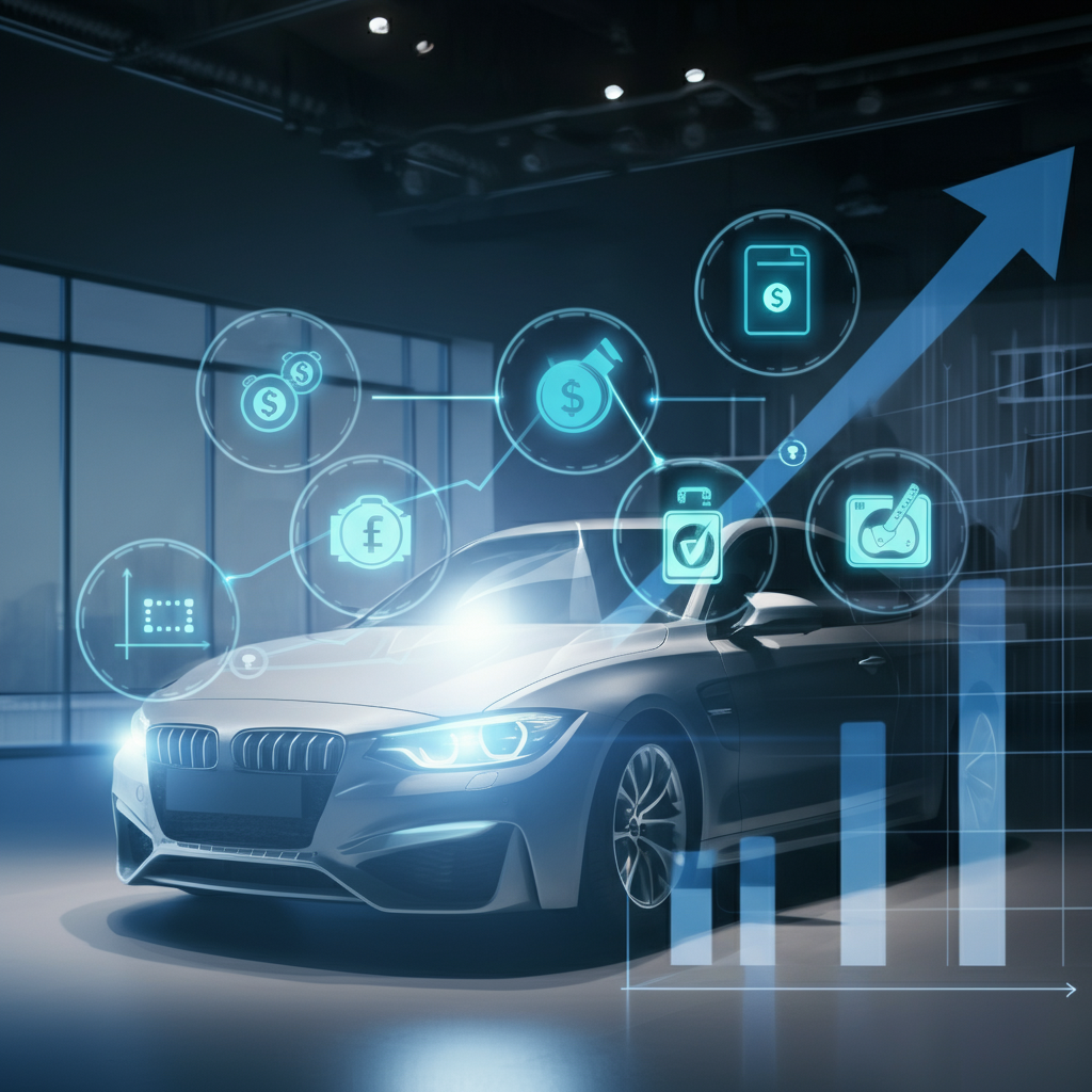 A car is parked in front of a graph with a blue arrow pointing up.