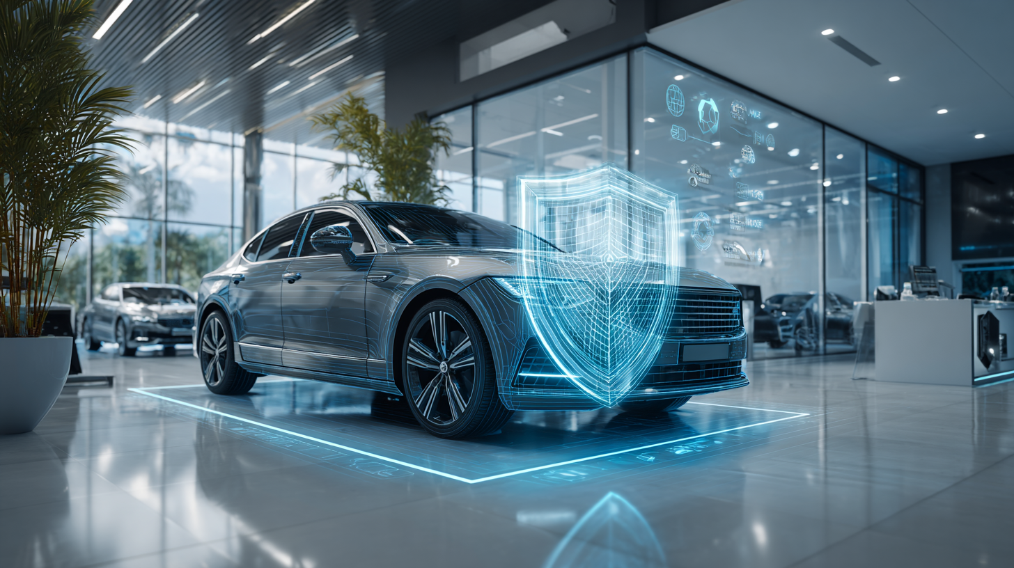A car is protected by a futuristic shield in a car showroom.