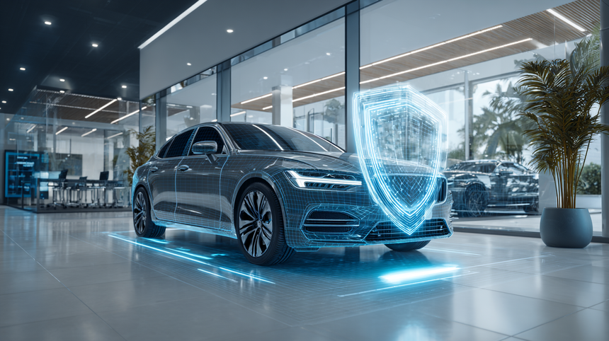 A car is being protected by a futuristic shield in a car showroom.