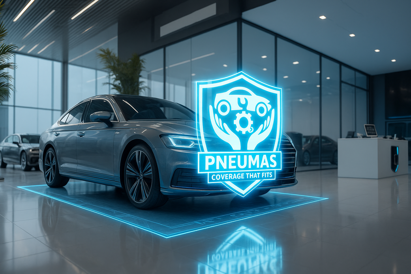 A car is protected by a futuristic shield in a car showroom.