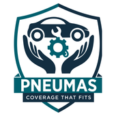 A logo for pneumas coverage that fits with hands holding a car and a wrench.