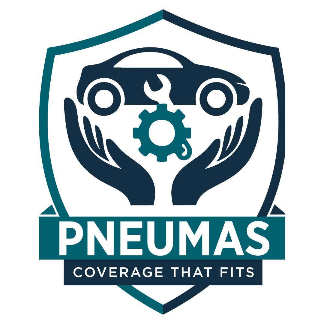 A logo for pneumas coverage that fits with hands holding a car and a wrench.