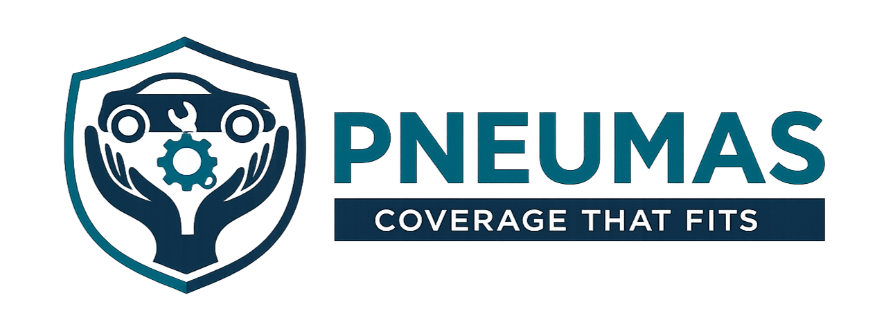 Pneumas logo with shield, gears, and the tagline “Coverage That Fits” in teal and navy blue