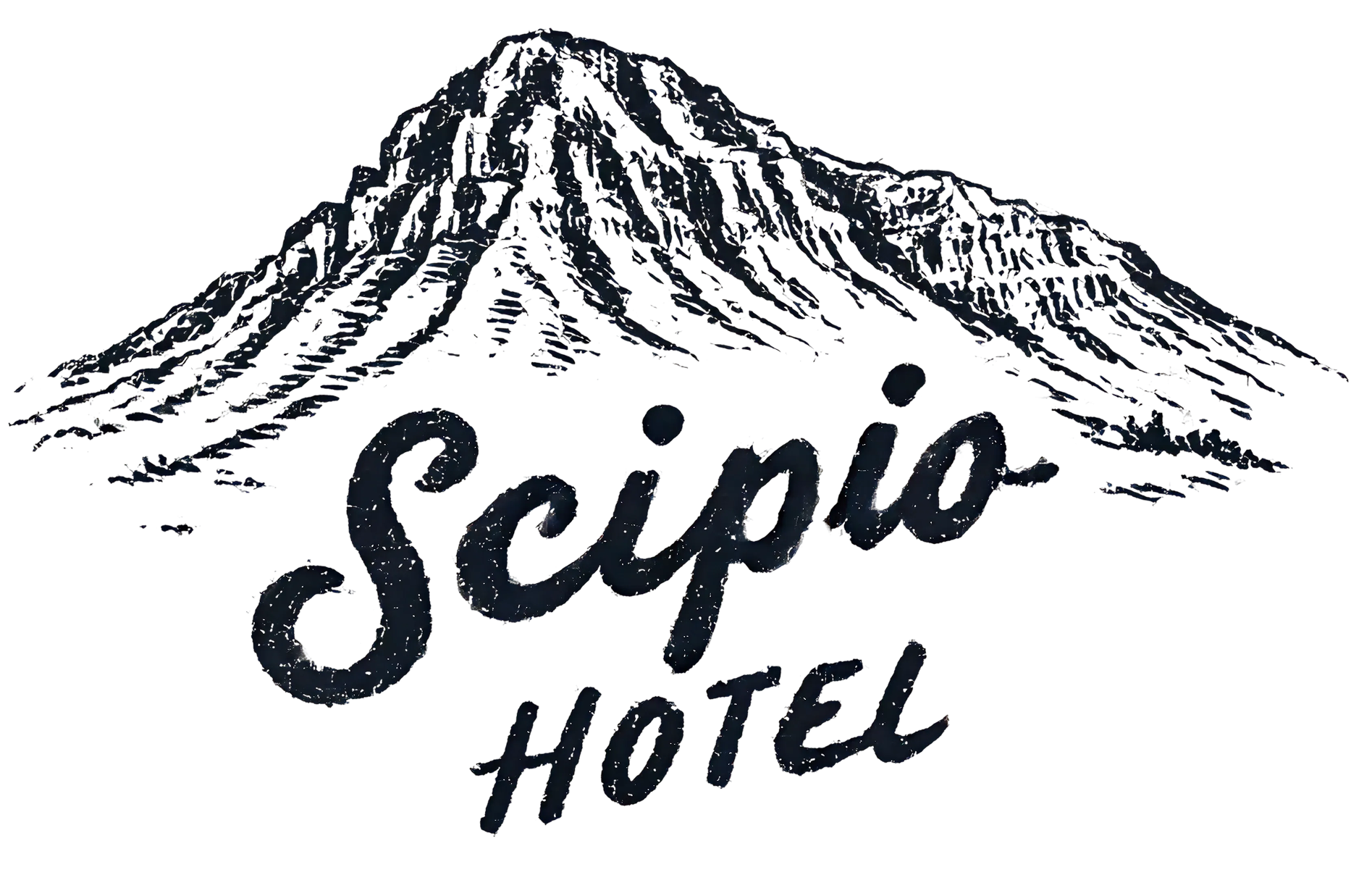 Scipio Hotel logo featuring a mountain and the hotel name in script.