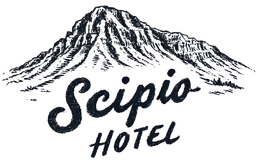 Scipio Hotel logo featuring a mountain and the hotel name in script.