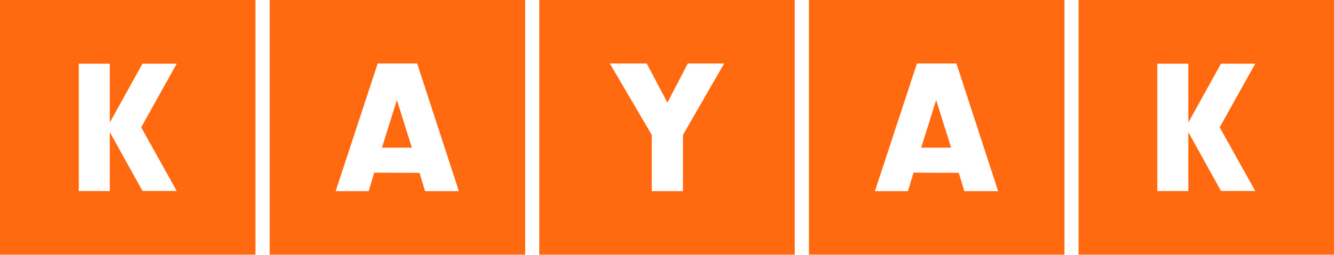 KAYAK logo: white letters on orange squares.