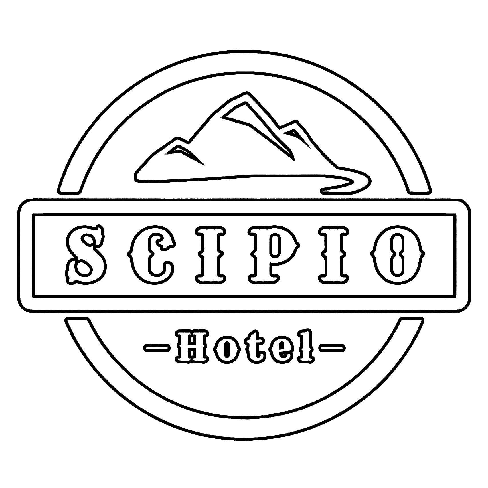 Scipio Hotel sign above a two-story building in a circular emblem. Road, mountain, and moon visible.