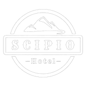 Scipio Hotel logo with a mountain backdrop; white script lettering.