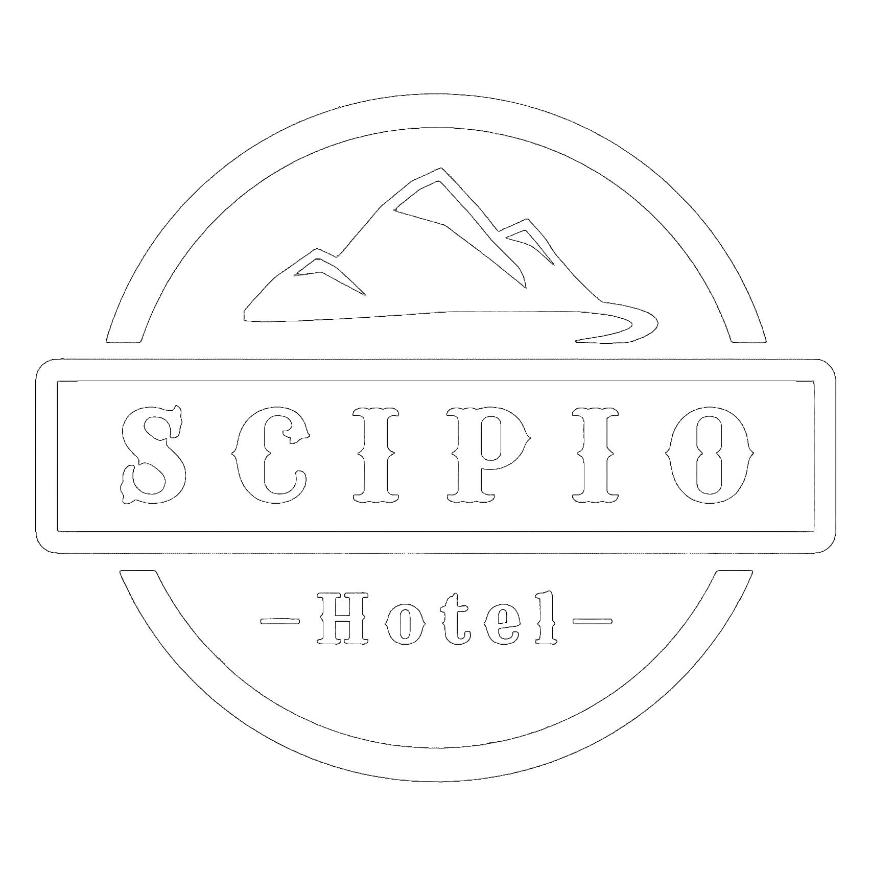 Scipio Hotel logo with a mountain backdrop; white script lettering.