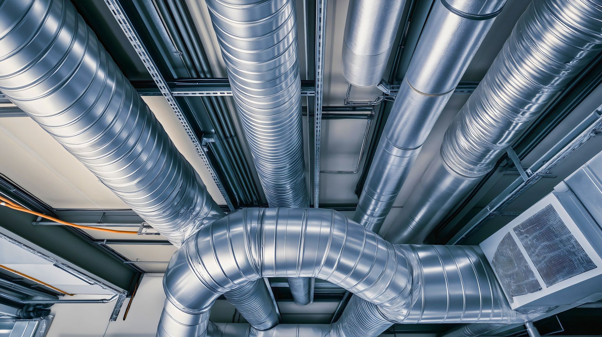 Conduits et tuyaux de ventilation industriels argentés au plafond, vus d'en bas.