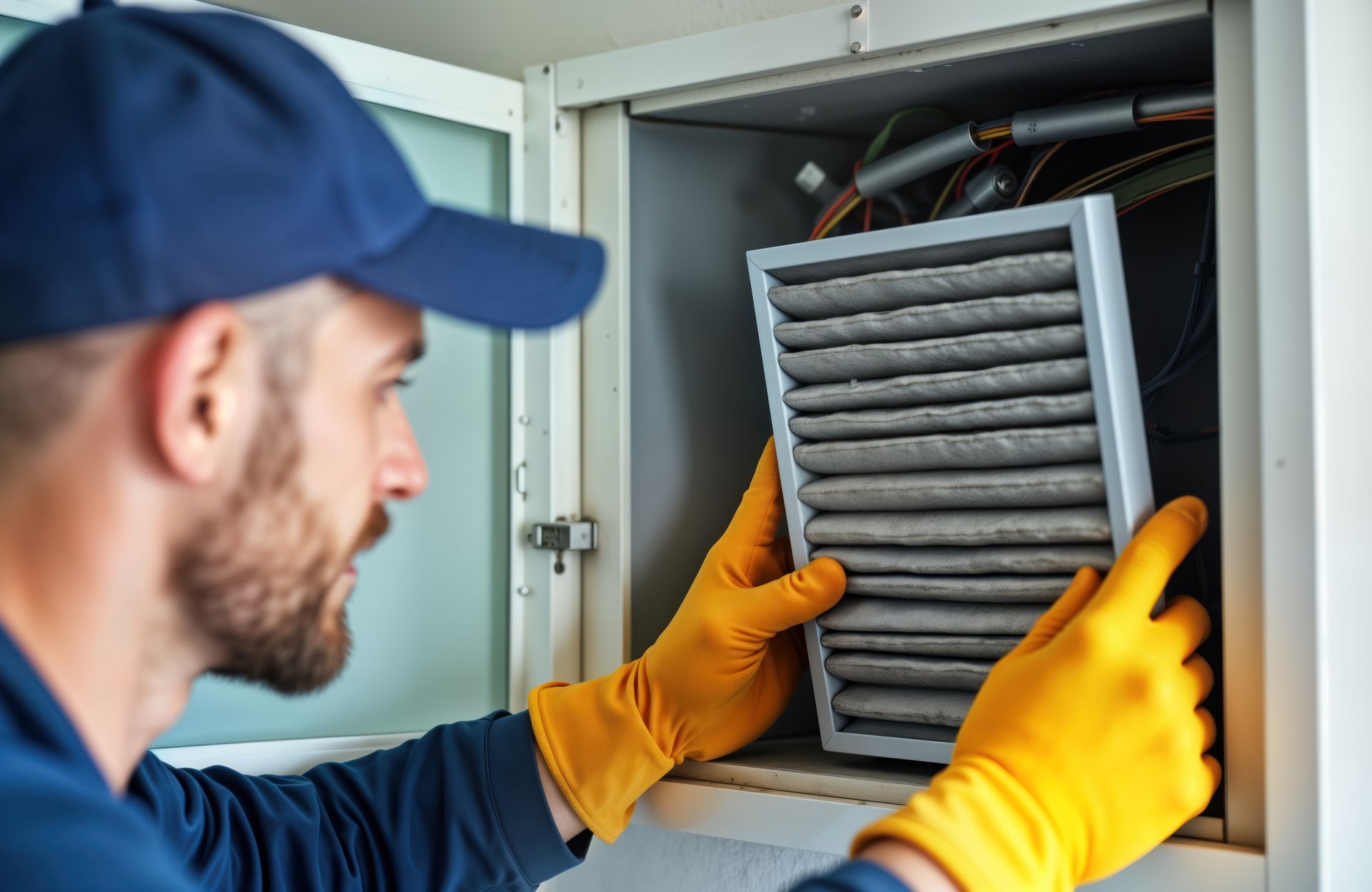 Un technicien portant une casquette bleue et des gants jaunes remplace un filtre à air dans une unité de climatisation.