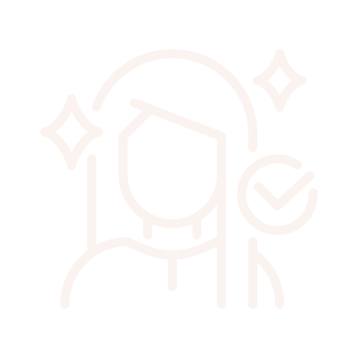 Woman with long hair, a checkmark, and two starbursts, likely representing beauty or approval.