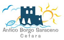 Logo per Antico Borgo Saraceno Cetara con castello blu, pesci, sole e onde