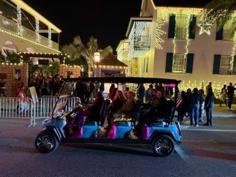 Two golf carts parked on a path overlooking a green golf course and a pond.
