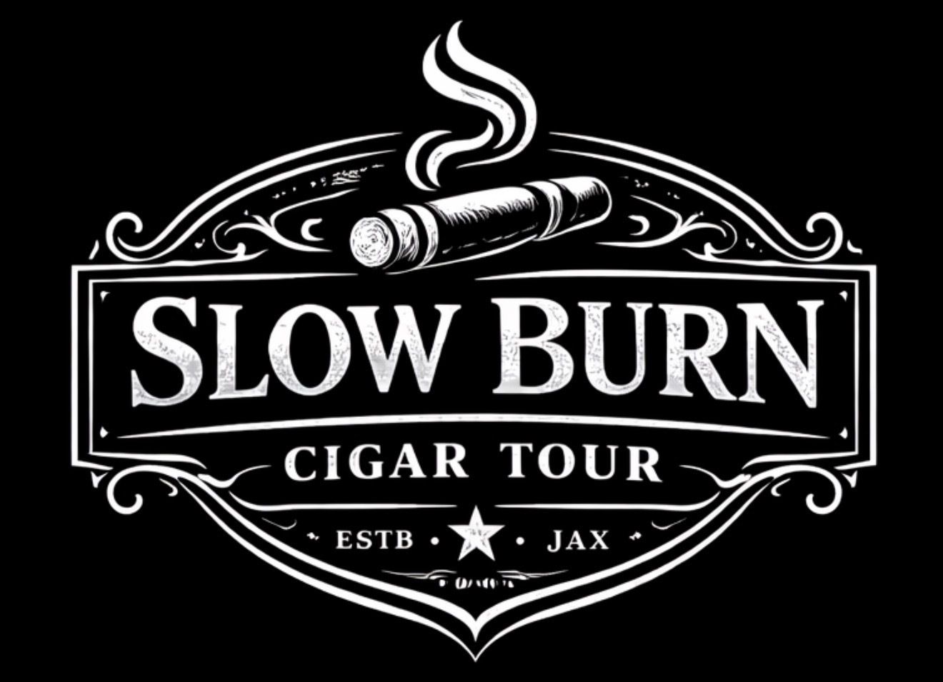 Slow Burn Cigar Tour logo: white text and cigar on black background.