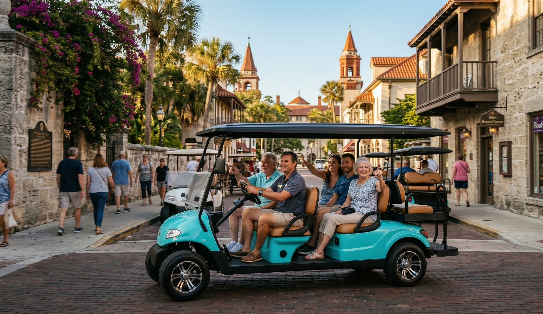 Blue golf cart with a white canopy parked in front of green shrubbery and a dark green wall.