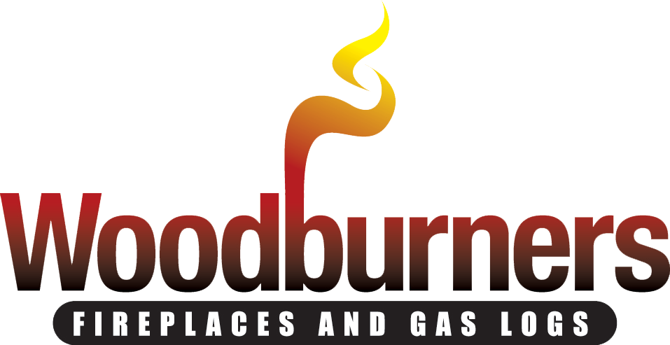 A logo for woodburners fireplace and gas logs with a fire coming out of it.