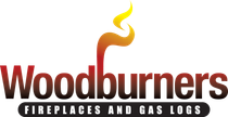 A logo for woodburners fireplace and gas logs with a fire coming out of it.