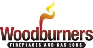 A logo for woodburners fireplace and gas logs with a fire coming out of it.