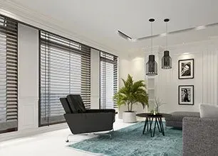 A living room with a couch , chair , table and blinds.