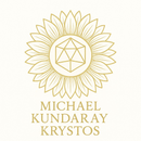 Gold logo: Sunflower with a geometric shape at its center, and text below that reads "Michael Kundaray Krystos".