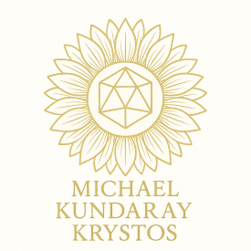 Gold logo: Sunflower with a geometric shape at its center, and text below that reads "Michael Kundaray Krystos".