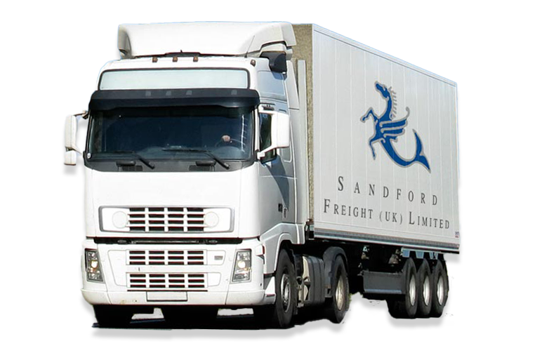 A white sandford freight truck is driving on a white background