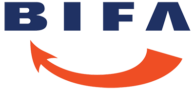 A blue and orange logo for bifa with an orange arrow.