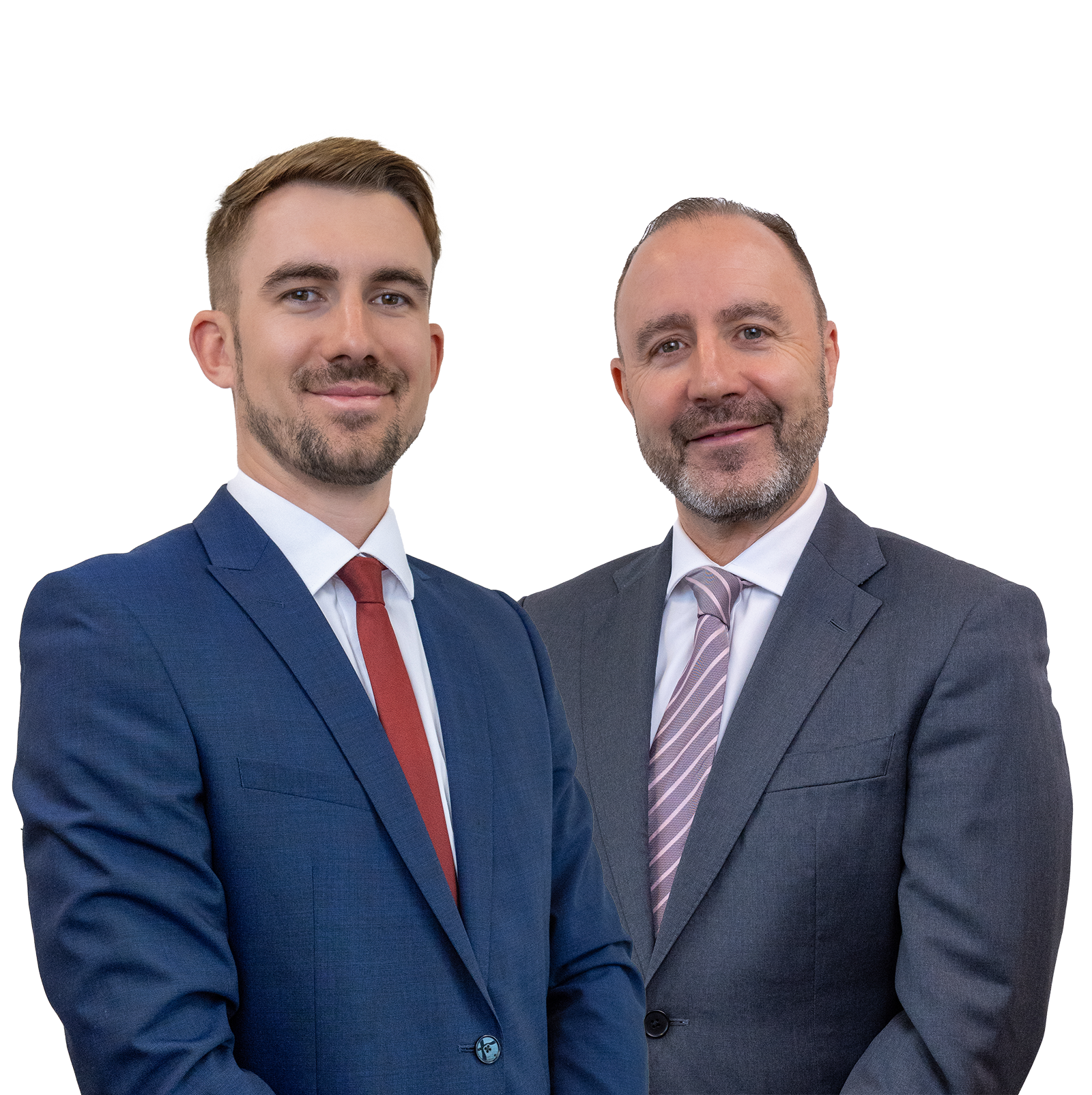 Two men in suits and ties are standing next to each other on a white background.