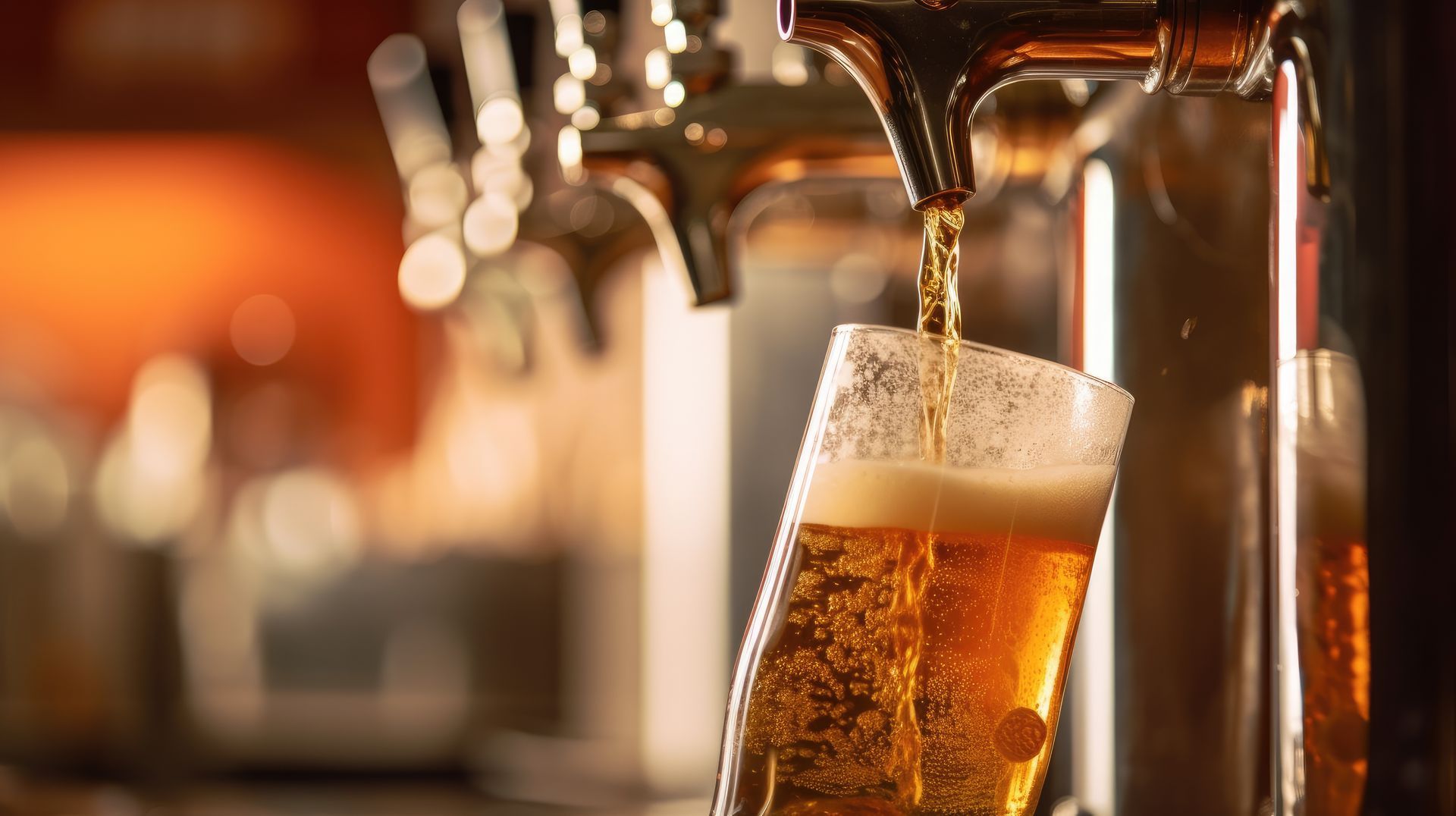 Beer being poured from a tap into a tilted glass, in a bar setting.