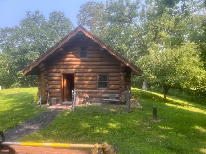 Log cabin with brown logs, door, windows, and a grassy yard. Trees in the background, sunny day.