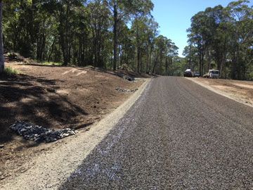 A car is driving down a road next to a forest.