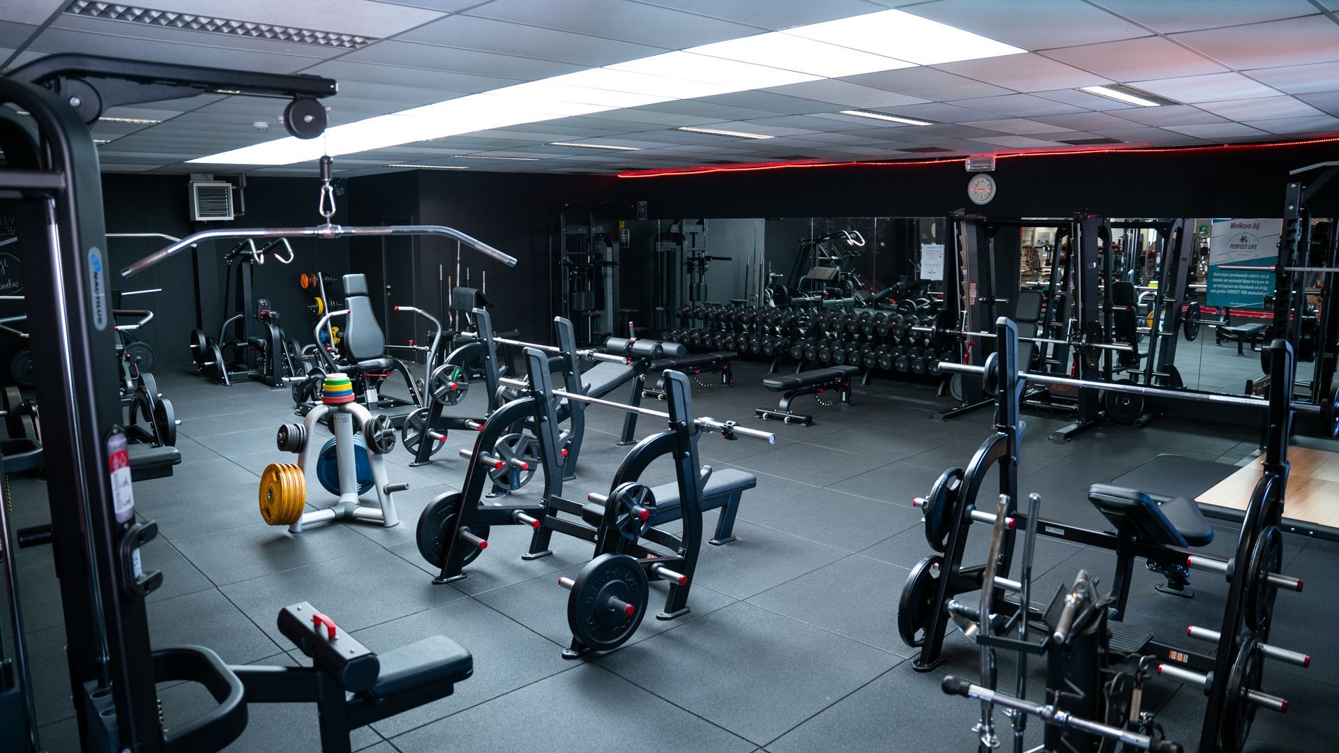 Een grote fitnessruimte vol met veel fitnessapparatuur.