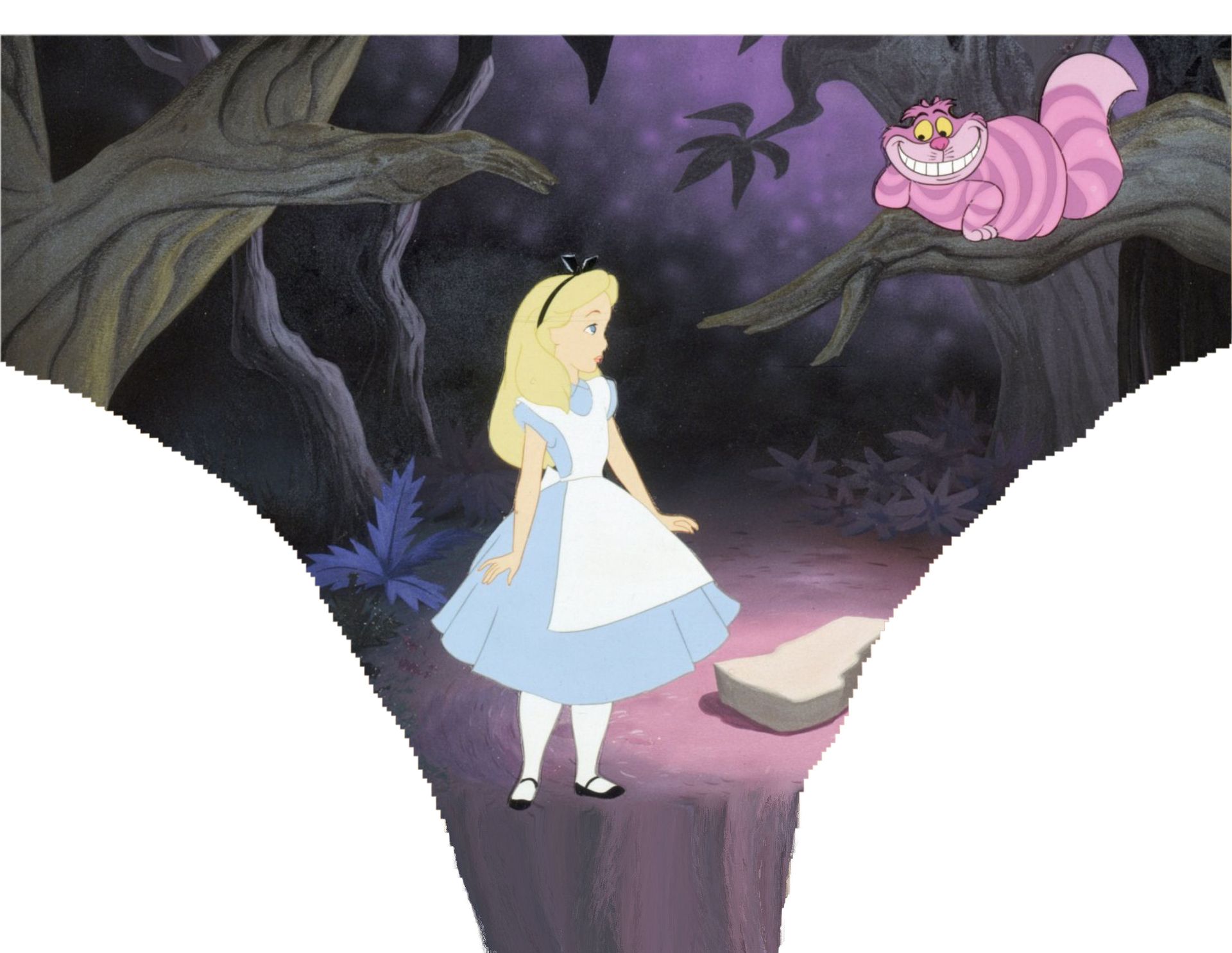 alice from alice in wonderland standing next to a cheshire cat