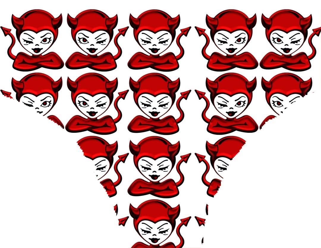 a pyramid of red devils with horns and tail