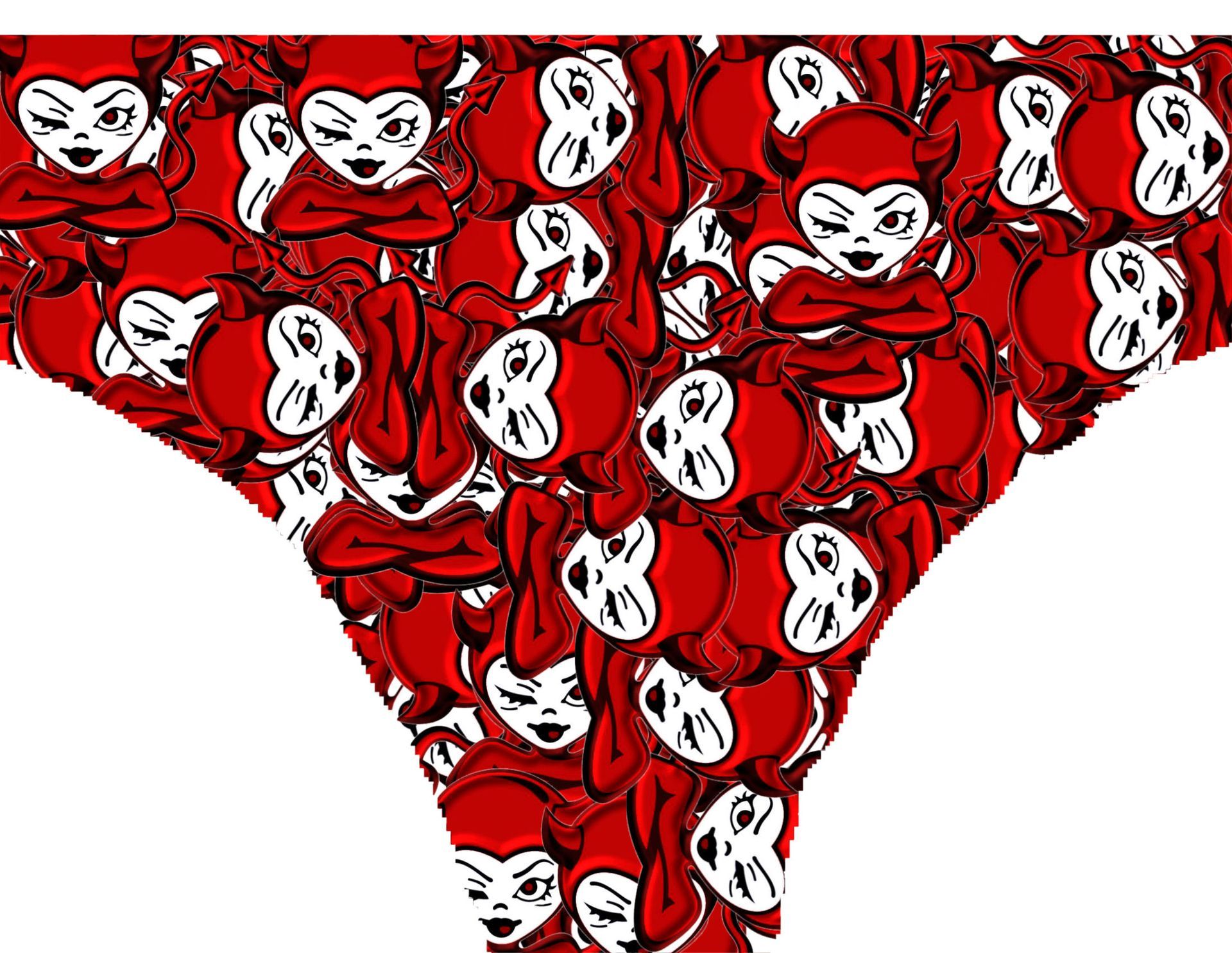 a pair of red and white underwear with a pattern of devils on them .