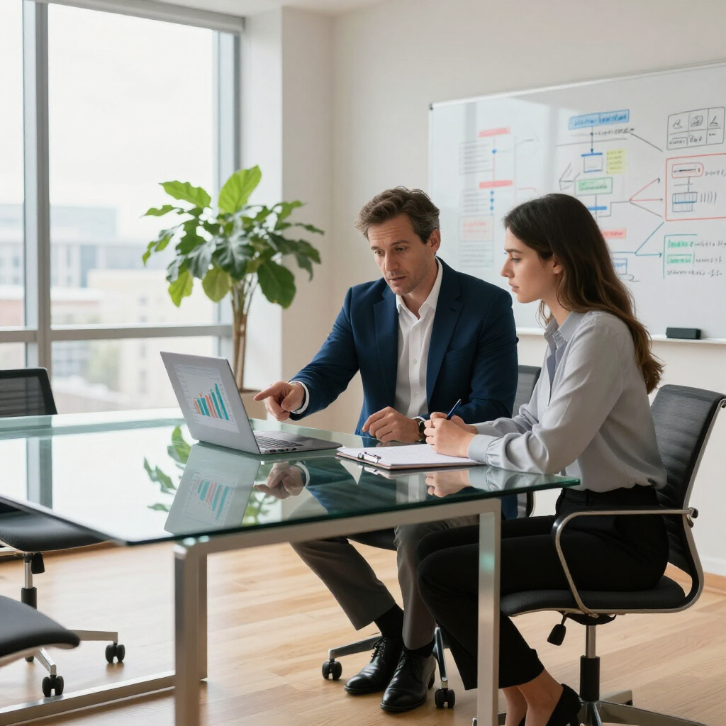 Twee collega's in een modern kantoor, de een wijst naar een grafiek op een laptop terwijl de ander aan een glazen vergadertafel schrijft.