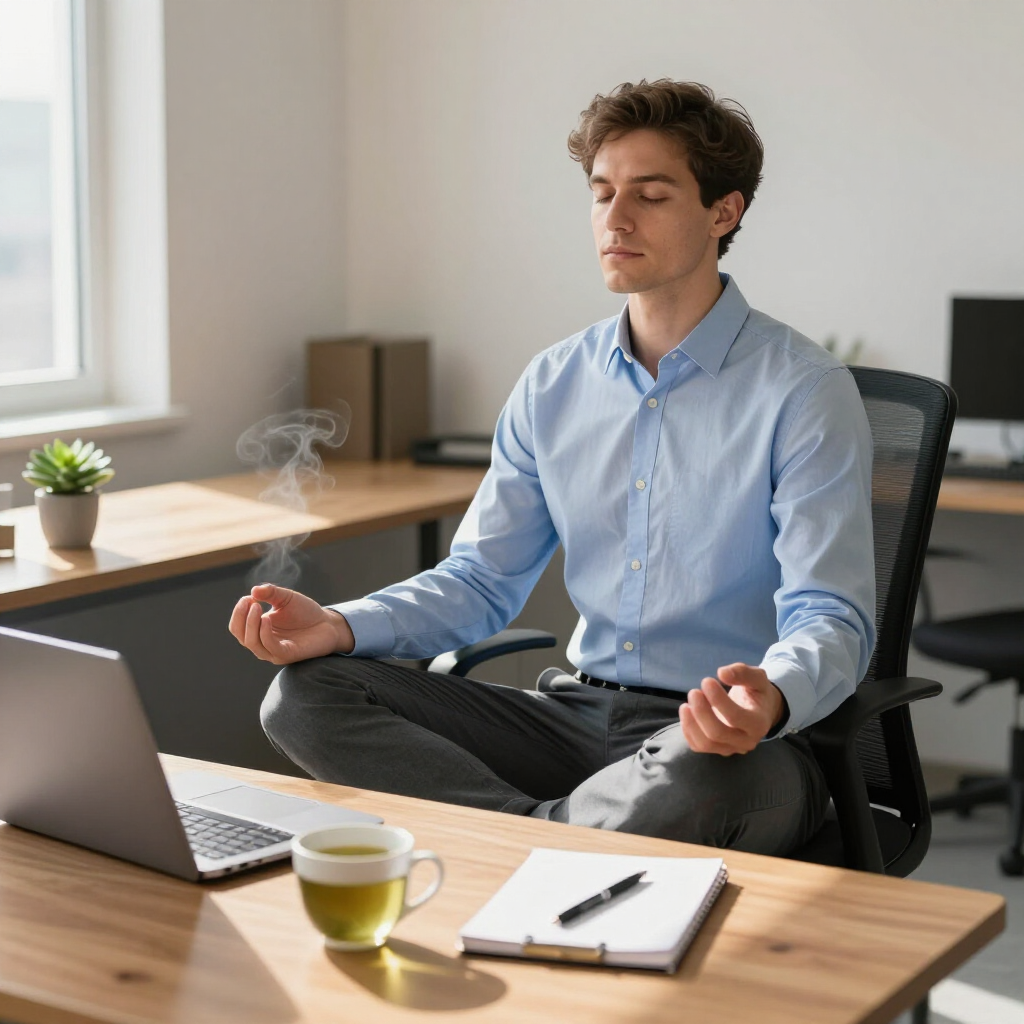 Iemand mediteert in de lotushouding aan een bureau met een laptop, een kop thee en een notitieboekje.