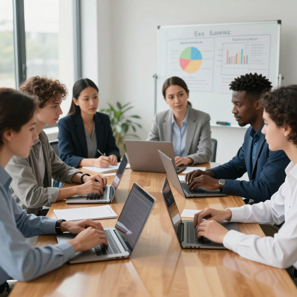 Een diverse groep professionals werkt tijdens een vergadering rond een vergadertafel op laptops.