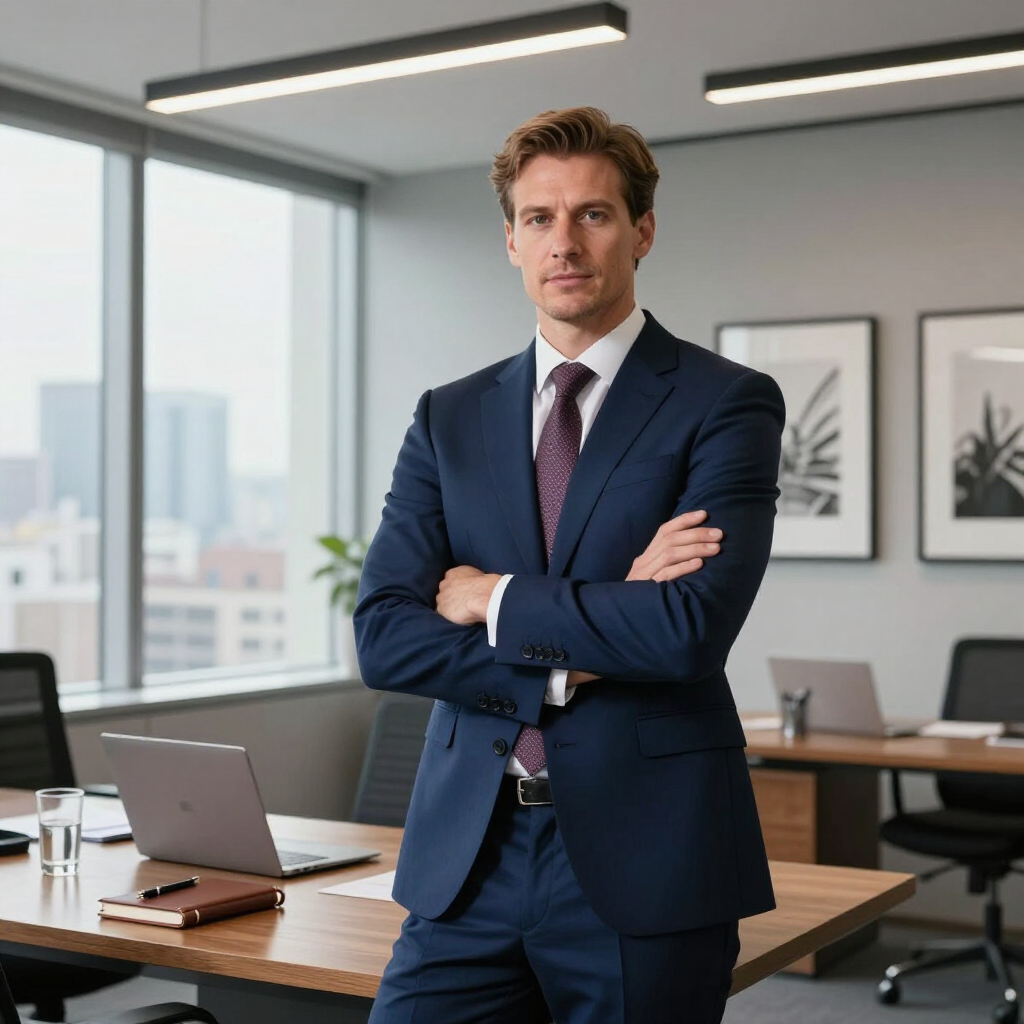 Een persoon in een zakelijk pak met de armen over elkaar, staand in een modern kantoor met bureaus en uitzicht op de stad.