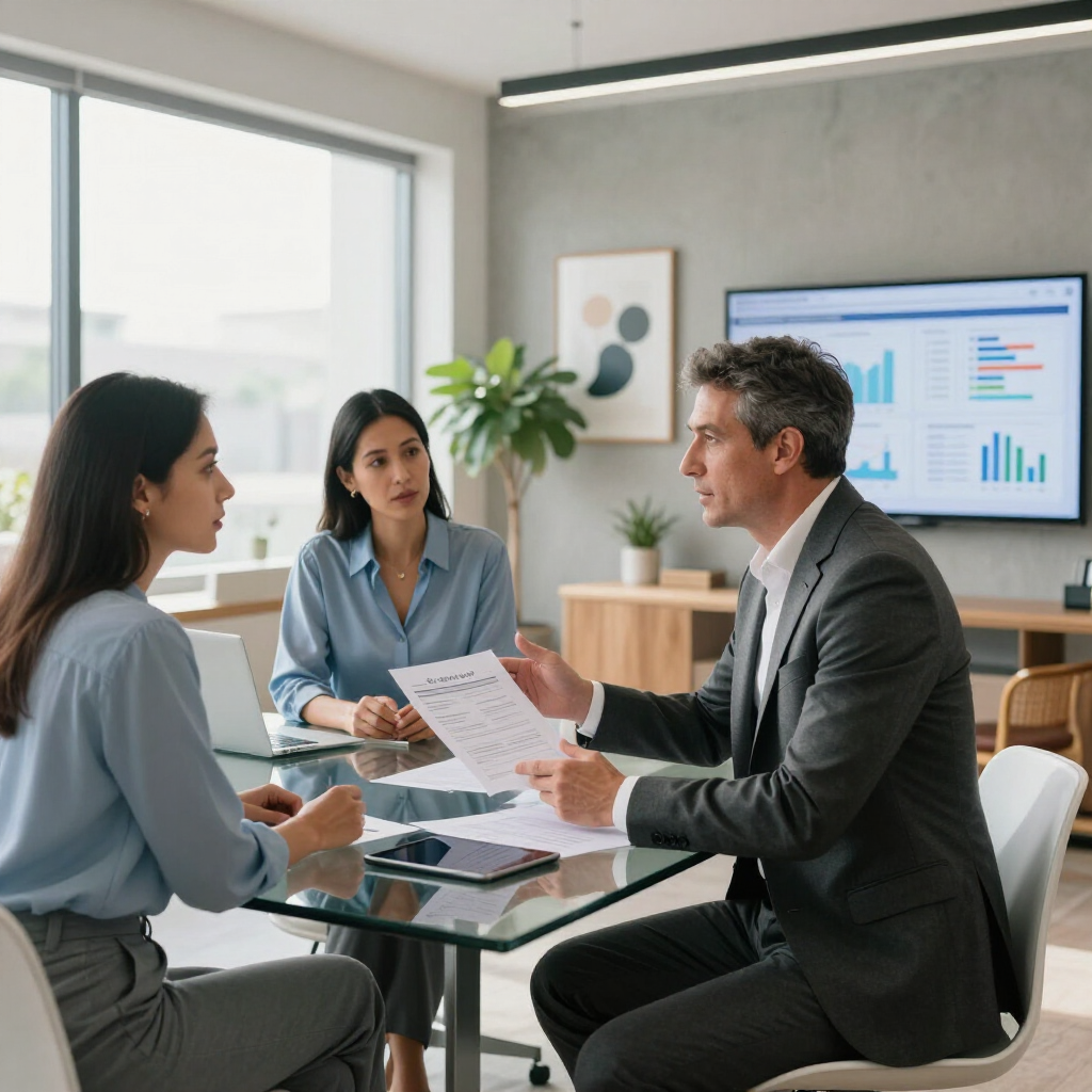 Twee personen in zakelijke kleding zitten aan een tafel terwijl een man een document toelicht tijdens een vergadering in een licht kantoor.