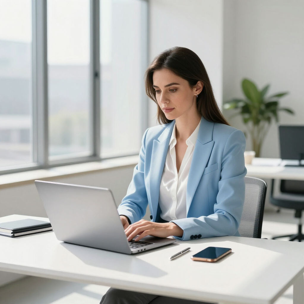 Een persoon in een lichtblauwe blazer werkt op een laptop aan een wit bureau in een licht, modern kantoor met een raam en een plant.