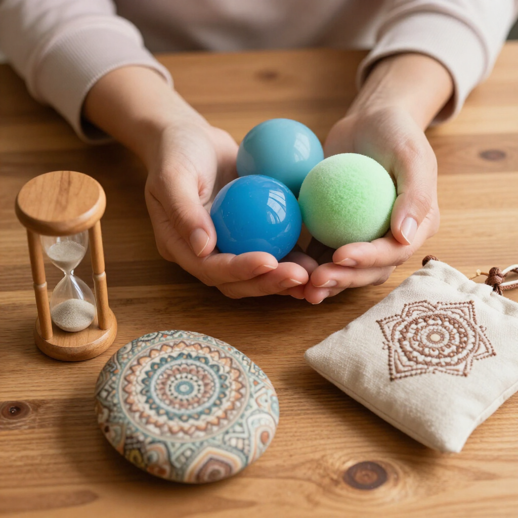 In de handen worden drie bollen (twee blauwe, één groene) vastgehouden, vlakbij een zandloper, een steen met een patroon en een bijpassend stoffen zakje.