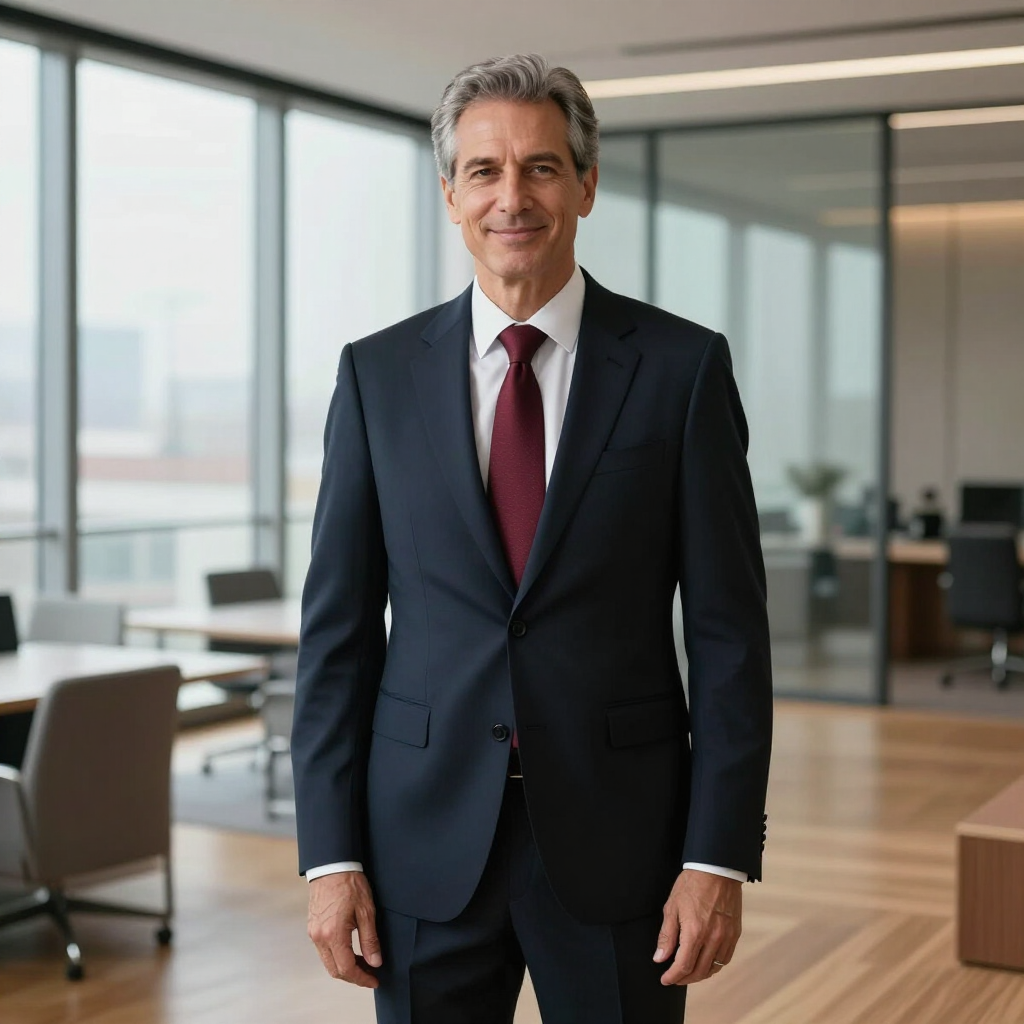 Een professional in pak en bordeauxrode stropdas staat in een moderne, zonnige kantoorruimte met glazen wanden.