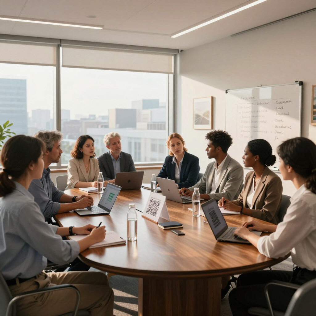 Een diverse groep mensen zit rond een grote vergadertafel in een licht, zonnig kantoor en werkt samen tijdens een zakelijke bijeenkomst.