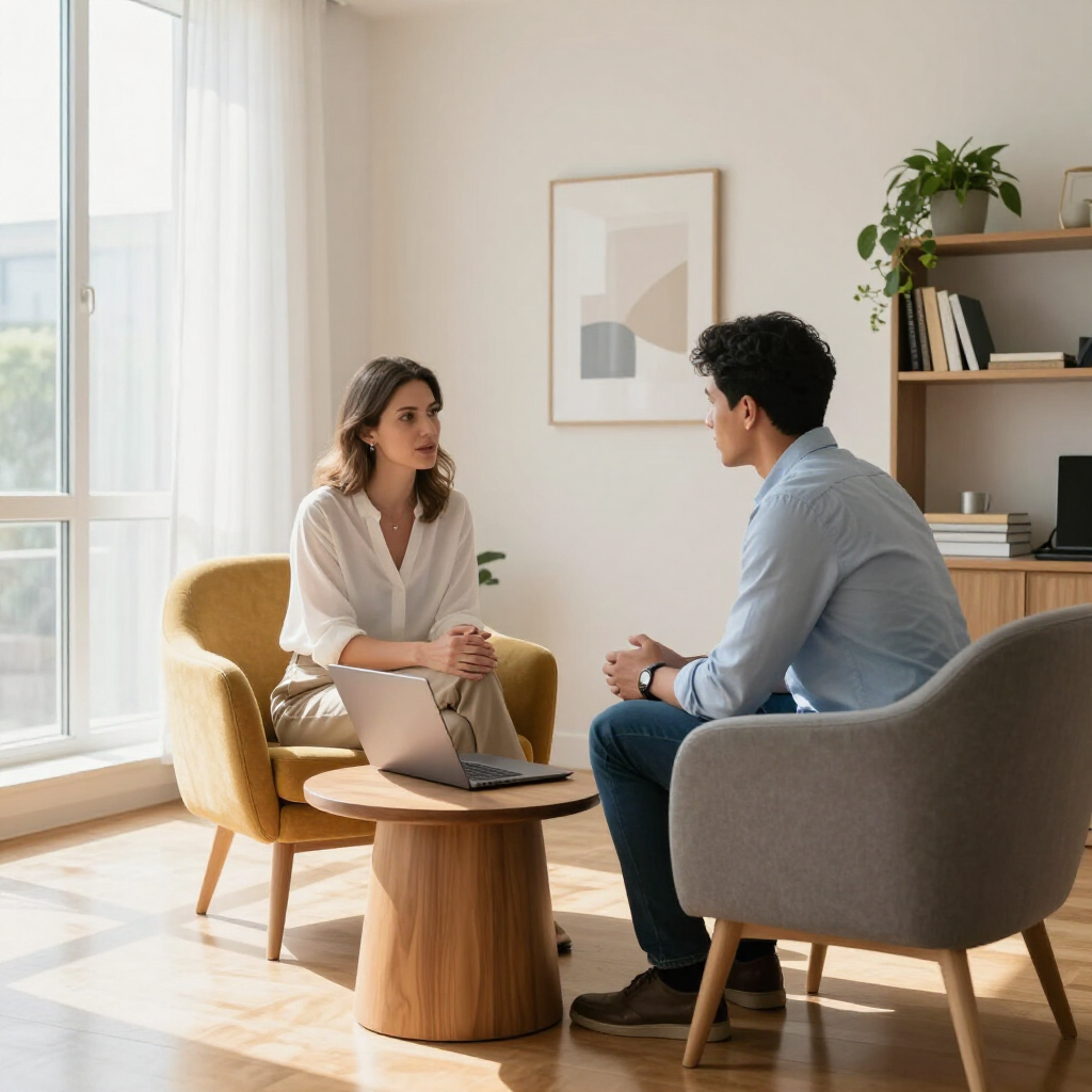 Een professional in een witte blouse zit in een gele fauteuil en spreekt met een persoon in een blauw overhemd, die aan een houten tafel zit.